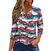 Womens 4th of July Shirts 3/4 Sleeve Tops Henley V Neck Shirt Three Quarter Sleeve Tops Summer Dressy Tunics Blouse