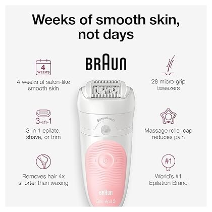 Braun Epilator Silk-épil 5 5-620, Hair Removal Device, Epilator for Women, Shaver & Trimmer, Cordless, Rechargeable, Wet & Dry , 6 Piece Set