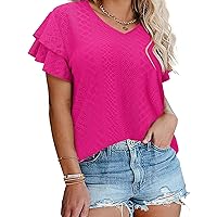 IN'VOLAND Womens Plus Size T Shirt V Neck Loose Fit Ruffle Sleeve Summer Hollow Casual Tops Blouse