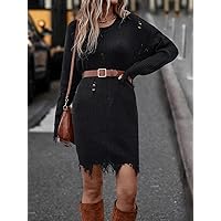 Sweater Dress for Women Drop Shoulder Ripped Distressed Sweater Dress Without Belt Sweater Dress for Women (Color : Black, Size : Small)