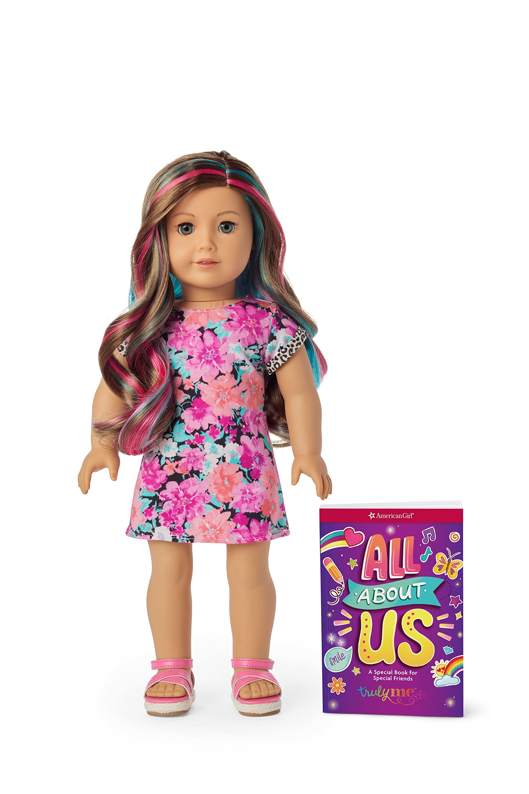 American Girl Truly Me 18-Inch Doll 101 with Gray Eyes, Wavy Caramel Hair with Pink and Blue Highlights, Light-to-Medium Skin with Warm Undertones, Floral Printed T-Shirt Dress