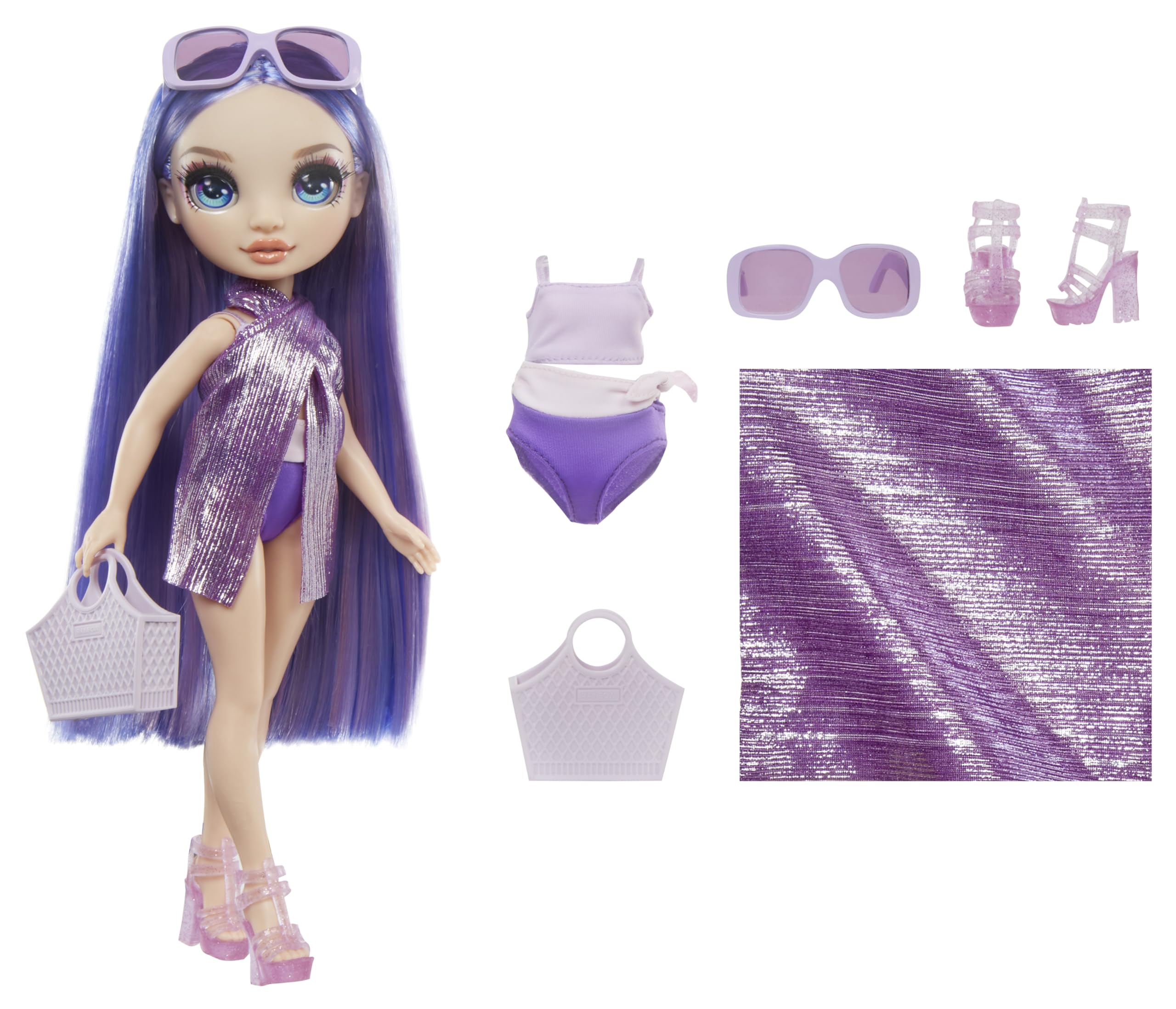 Rainbow High Swim & Style Violet (Purple) 11” Doll with Shimmery Wrap to Style 10+ Ways, Removable Swimsuit, Sandals, Fun Play Accessories. Kids Toy Gift Ages 4-12 Years