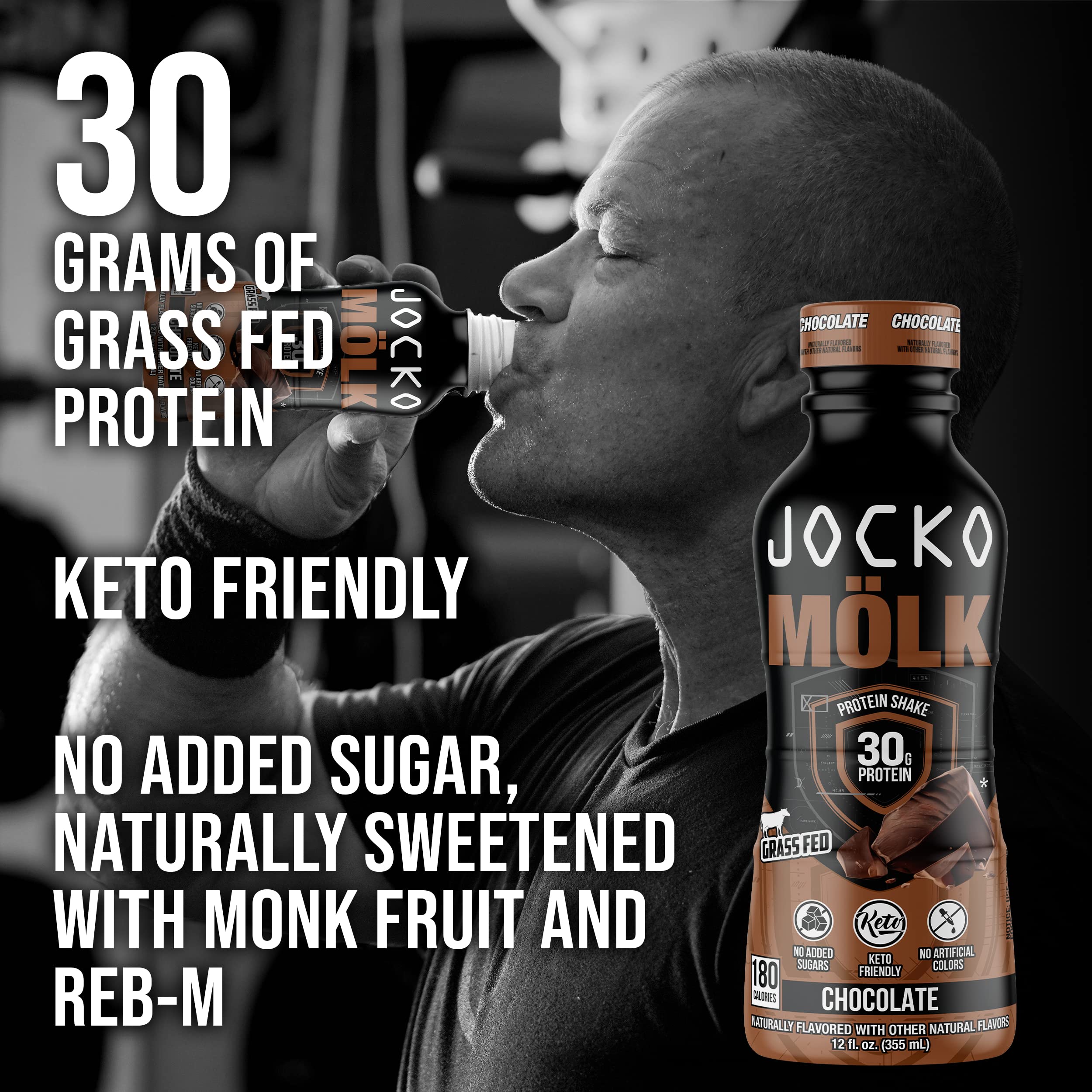 Jocko Mölk Chocolate Protein Shakes – Naturally Flavored Protein Drinks, KETO Friendly, No Added Sugar, 30g Grass Fed Protein - Protein Shakes Ready to Drink, 12 FL Oz, 12pk