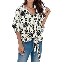 Tie Front Tops for Women Summer V Neck Dolman 3/4 Short Sleeve Flowy Boho Shirts Twist Knot Casual Floral Blouses