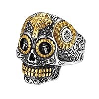 Sugar Skull Rings for Men Women, Stainless Steel Two Tone Mens Biker Ring Halloween Jewelry Day of the Dead Memory Jewelry For Death, Gift Box Included