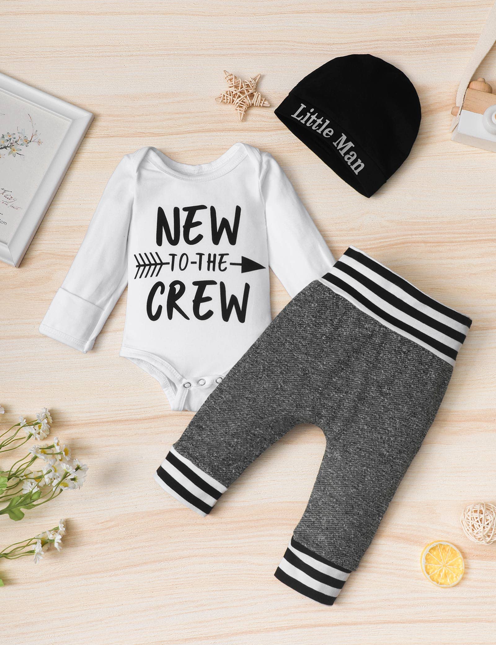 Fommy Newborn Baby Boy Clothes New to The Crew Letter Print Romper+ Pants+Hat 3PCS Outfit