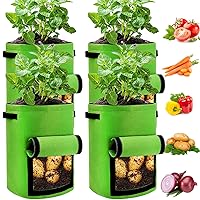 4 Pack Potato Grow Bags 10 Gallon with Flap, Heavy Duty Fabric Grow Bags with Handle and Harvest Window, Non-Woven Planter Pot Plant Garden Bags to Grow Vegetables Potato Tomato, Green