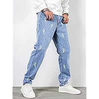 Jeans for Men - Men Lightning Print Tapered Jeans (Color : Light Wash, Size : X-Large)