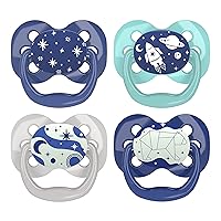 Dr. Brown's Advantage Glow-in-the-Dark Pacifier, 100% Silicone Baby Paci Symmetrical Soother, 0-6m, BPA free, Blue, 4 Pack (Styles May Vary)