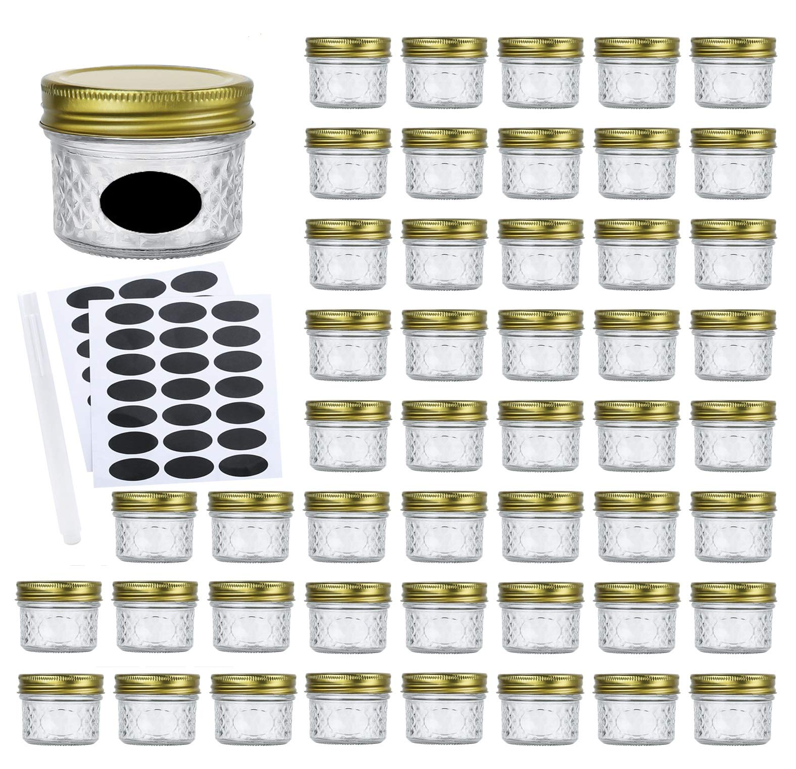 Encheng 4oz Glass Jars With Regular Lids,Mini Wide Mouth Mason Jars,Clear Small Canning Jars With Gold Lids,Canning Jars For Honey,Herbs,Jam,Jelly,...