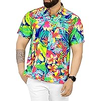 HAPPY BAY Mens Hawaiian Shirts Short Sleeve Button Down Shirt Floral Shirt Men Casual Holiday Summer Party Caribbean Shirts for Men Funny XXL Digital Fuchsia, Blue