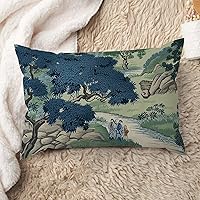 ArogGeld Asian Dynasty Garden Lumbar Cushion Cover Blue and Green Scenic Chinoiserie Sofa Pillowcase Oriental Chinoiserie Pillow Sham for Living Room Bedroom 16x24in White Linen