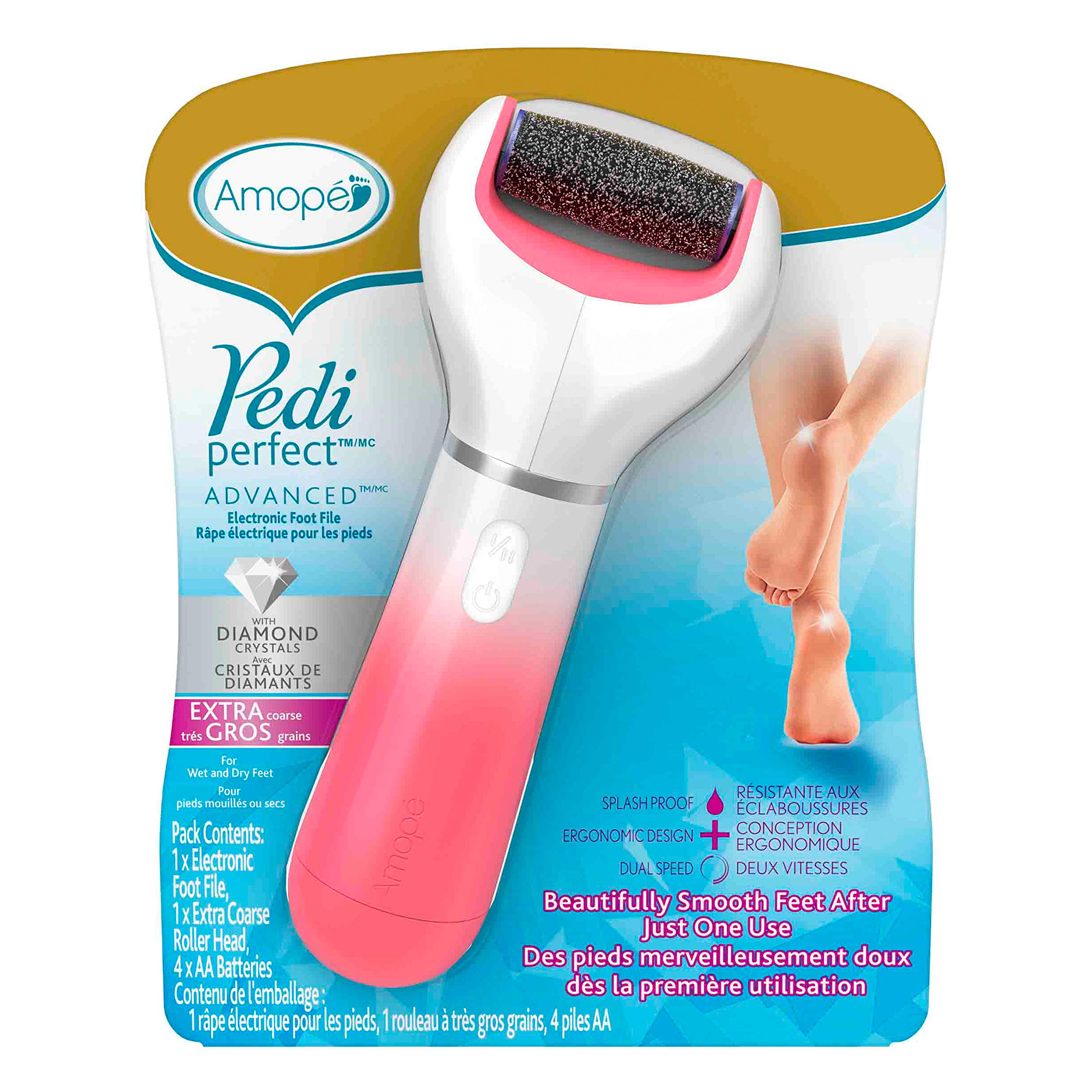 Amope Pedi Perfect Electronic Foot File, Dual-Speed Callus Remover (with Diamond Crystals) for Feet (Extra Coarse - Pink Gadget). -Perfect for In-home Pedicure for Baby Smooth Feet. Battery Operated