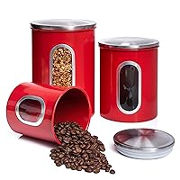 Mixpresso 3 Piece Red Canisters Sets For The Kitchen, Kitchen Jars With See Through Window, Airtight Coffee Container Tea Organizer & Sugar Canister, Kitchen Canisters Set of 3 Red Kitchen Decor.