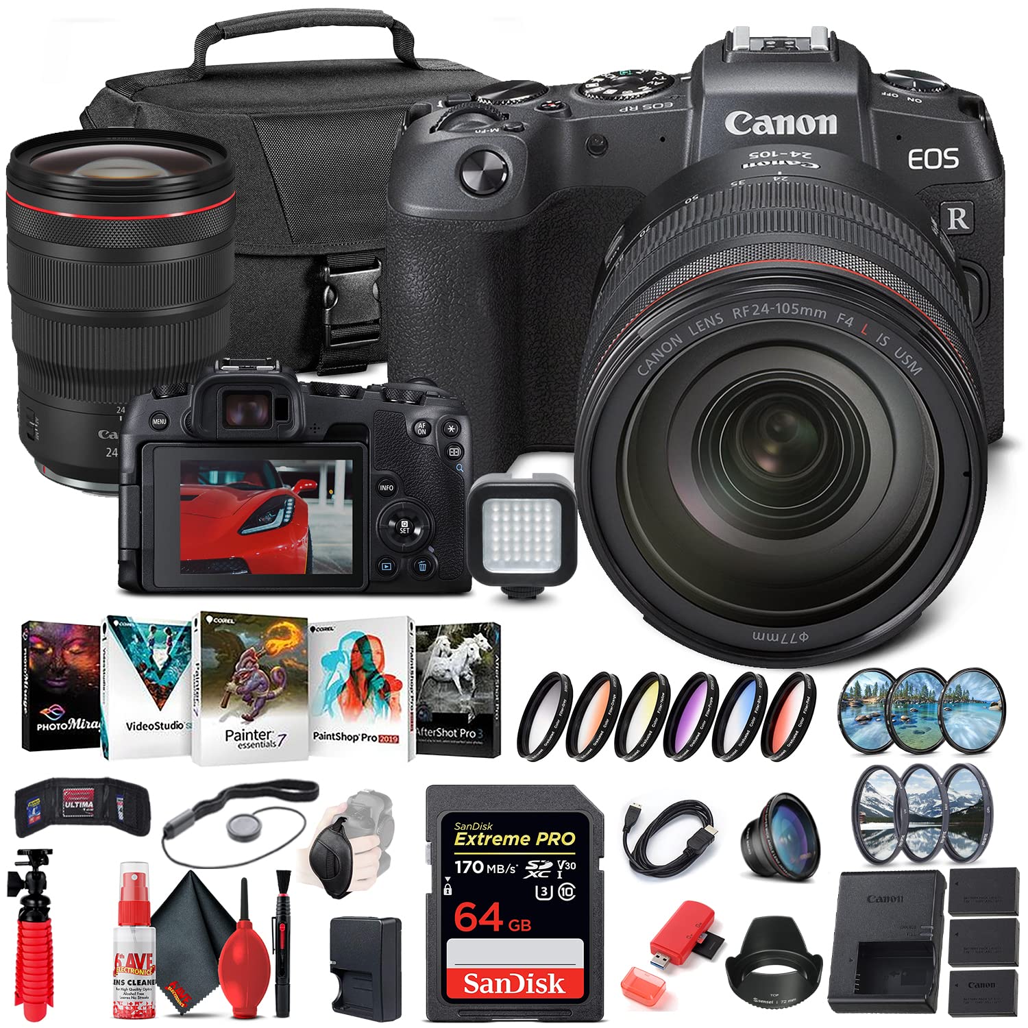 Canon EOS RP Mirrorless Digital Camera with 24-105mm Lens (3380C012) + Canon RF 24-70mm Lens + 64GB Memory Card + Color Filter Kit + Case + Filter Kit + Corel Photo Software + More (Renewed)
