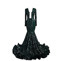 Women's Evening Prom Dress Long V Neck Long Sleeves Sequins Lace Mermaid Formal Bridal Wedding Party Gown