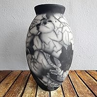 Large Oval Smoked Raku Ceramic Vase (Pre-Order) - 13.5in Raku Handmade Pottery Art Centerpiece Home Decor with Serial Number