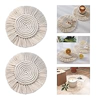 Handmade Macrame Coasters for Drinks, Boho Coasters Set of 2, Round Cotton Woven Absorbent Coasters Heat Resistant Wooden Coffee Table Mats Pads for Home Office Bar Farmhouse Mugs and Cups Decor