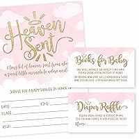 25 Pink Heaven Sent Baby Shower Invitations, 25 Book Request Baby Shower Guest Book Alternative, 25 Baby Shower Diaper Raffle Tickets For Baby Shower Games To Play, Celestial Angel Write in Supplies