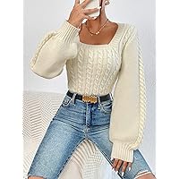 Square Neck Cable Knit Sweater (Color : Beige, Size : Large)