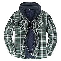 Mens Full Zip Quilted Lined Flannel Plaid Shirts Jacket Thicken Warm Coats Hooded Outerwear Plus Size Winter Coat