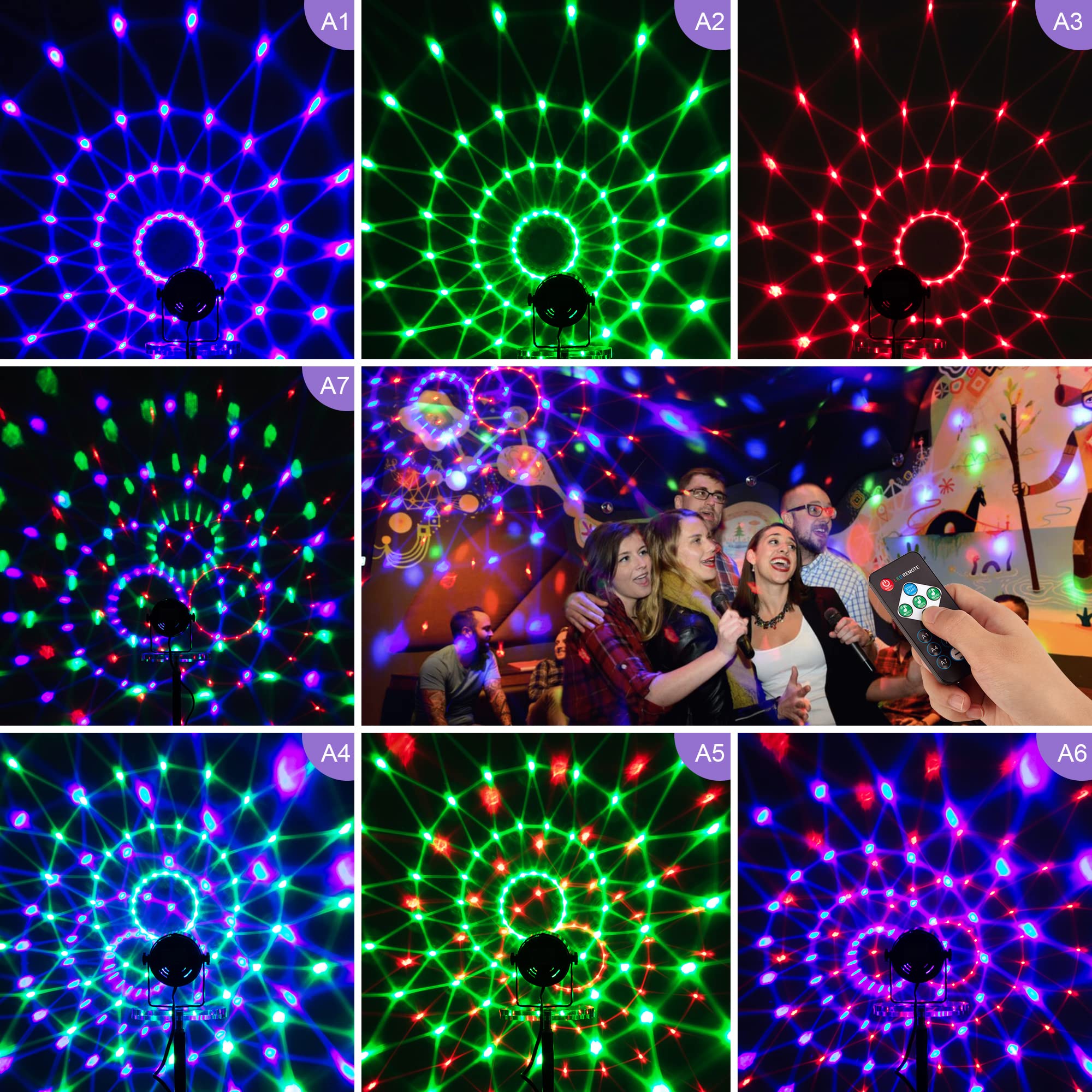 Party Lights Disco Lights, 2 Pack RGB Disco Ball Remote Control DJ Stage Lights 3W 3 Colours 7 Mode Sound Activated Strobe Light for Xmas Party Pub Wedding Club Show