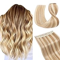 Hairro 20 Inch Remy Clip in Hair Extensions 100% Human Hair Highlight One-piece 5 Clips Straight Hair Extensions for Women Half Head Balayage #12P613 Golden Brown Mix Bleach Blonde