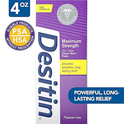 Desitin Maximum Strength Baby Diaper Rash Cream with 40% Zinc Oxide for Treatment, Relief & Prevention, Hypoallergenic, Phthalate- & Paraben-Free Paste, 4 oz