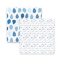 Amazing Baby Silky Swaddle Muslin Blankets, Set of 2, Bamboo Viscose, Drops and Dots, Blue