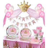 Princess Plates and Napkins Party Supplie - Serves 16 - Princess Birthday Decorations Includes Paper Plates Cups Napkins Cutlery Balloons Banner Tablecloth Party Favor Décor Idea