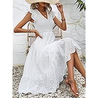 Dresses for Women - Eyelet Embroidery Ruffle Trim Dress (Color : White, Size : Medium)
