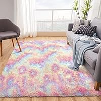 Area Rug 9x12 Soft Fluffy Rainbow Kids Rug Luxury Fuzzy Shag Rug for Girls Room Bedroom Modern Indoor Plush Thick Non-Slip Shaggy Rug for Living Room Nursery Cute Carpet Tie-Dyed Yellow Pink