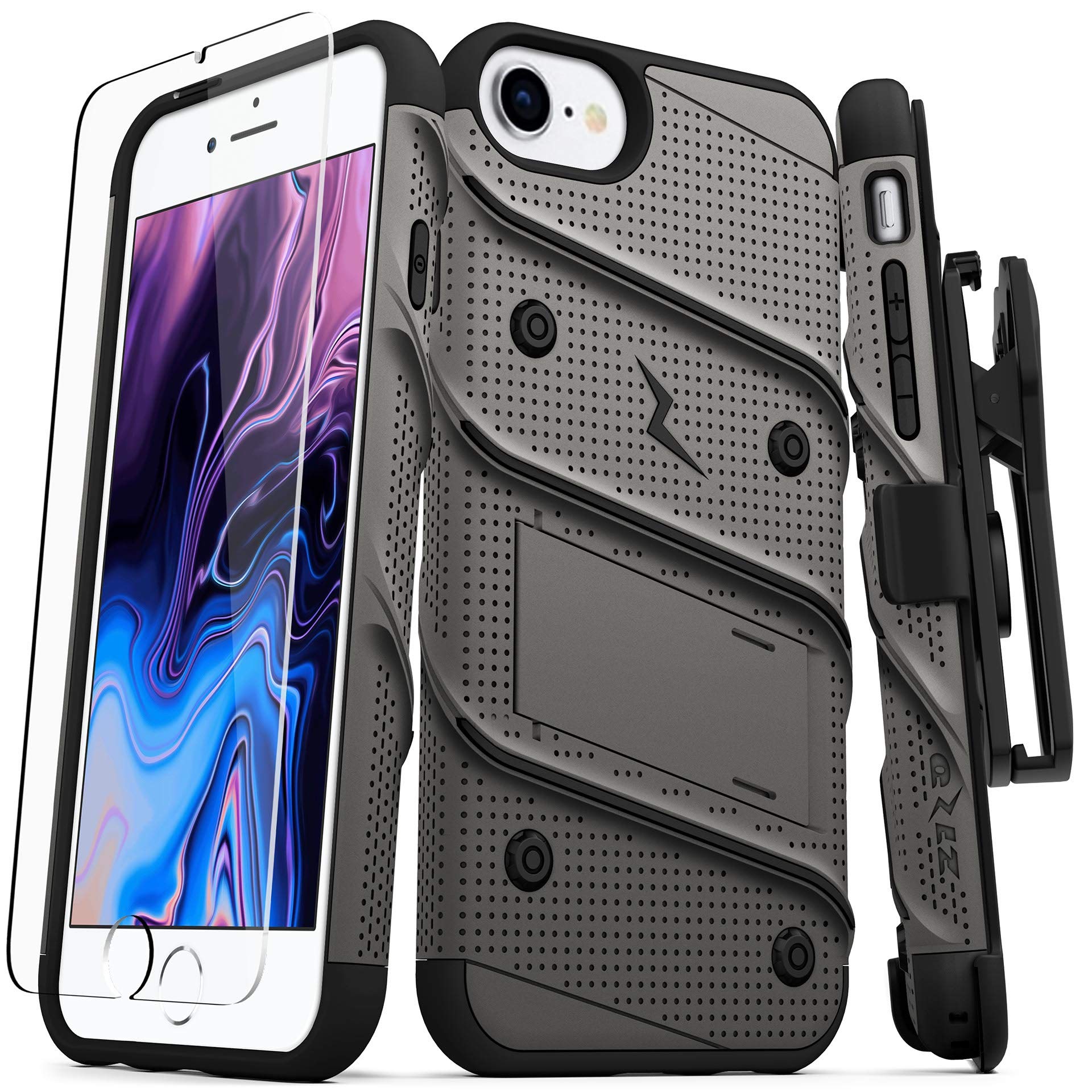 ZIZO Bolt Series for iPhone SE (3rd and 2nd gen)/8/7 Case with Screen Protector Kickstand Holster Lanyard - Gun Metal Gray