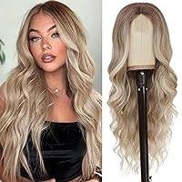 Long Blonde Wavy Wig for Women - 26 Inch Middle Part Curly Synthetic Heat Resistant Fiber Wig for Daily Party Use (Ombre Blonde)