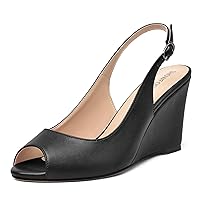 Womens Buckle Solid Matte Dress Peep Toe Slingback Party Wedge High Heel Pumps Shoes 3.3 Inch