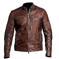 Brown Leather Jacket Men - Real Lambskin Leather Cafe Racer Distressed Motorcycle Jacket