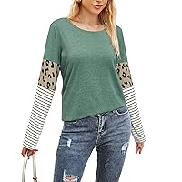 LAISHEN Women's Leopard Print Patchwork Color Block Tunic Round Neck Long Sleeve T Shirts Striped Causal Blouses Tops