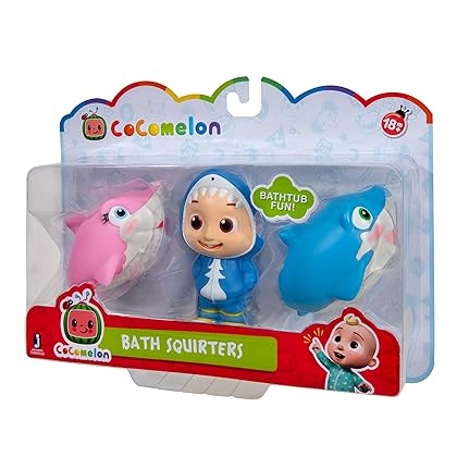 CoComelon Official Bath Squirters, Featuring JJ Character Toy (4” Tall) and 2 Sharks (4” Wide), Bath Time Fun Playset - Character Toys for Babies, Toddlers, and Kids