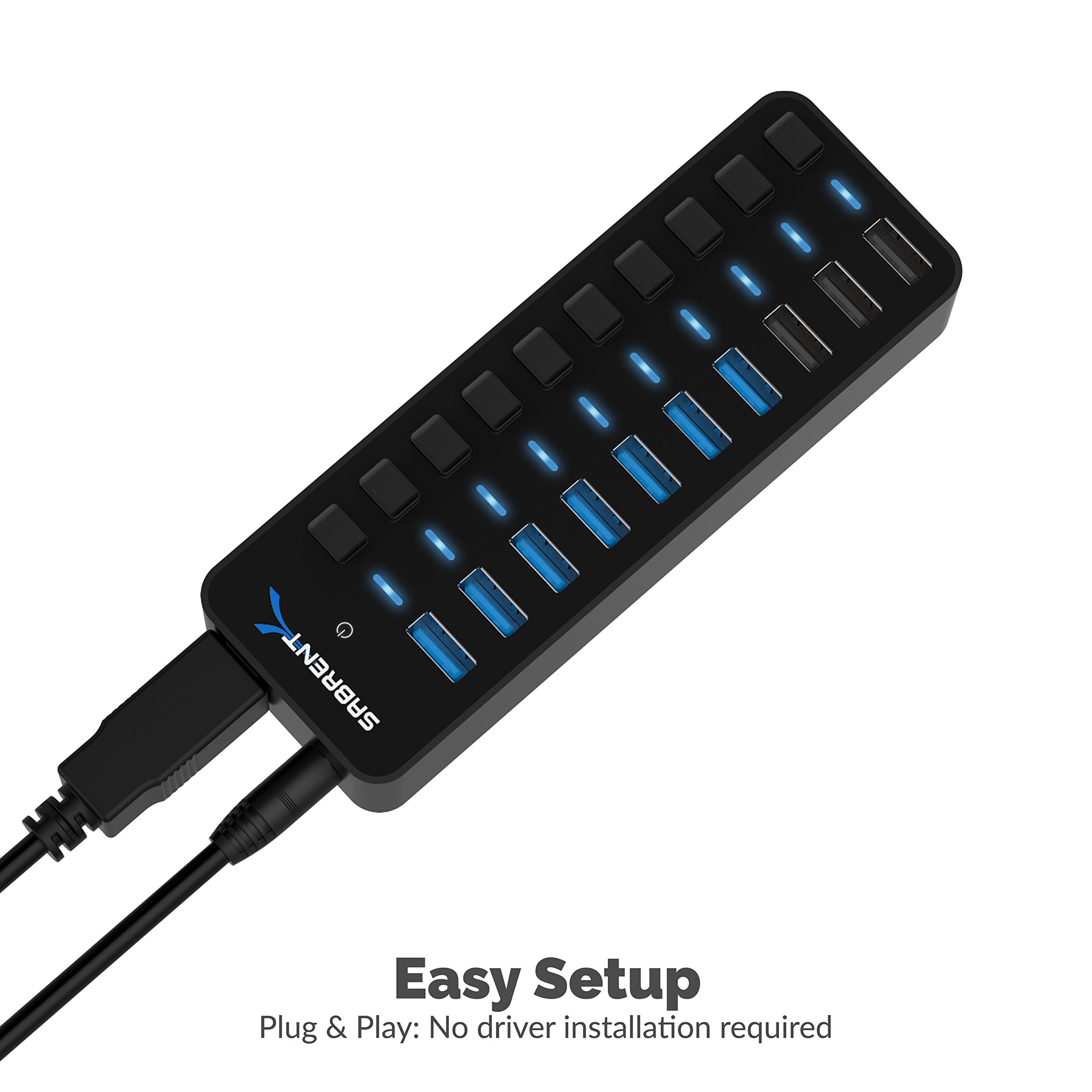 SABRENT 60W 10 Port USB 3.0 Hub Includes 3 Smart Charging Ports with Individual Power Switches and LEDs and 60W 12V/5A Power Adapter (HB-B7C3)