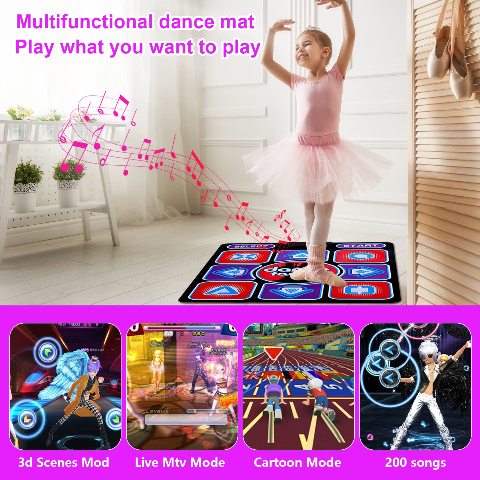 Dance Mat for Kids Adults,Musical Electronic Dance Mat,Yoga Fitness Dancing Step Floor Mat with 3D/Cartoon Mode,Non-Slip RCA Interface, 200 Songs & 68 Games