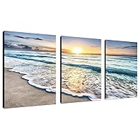 3 Panel Wall Art Blue Sea Sunset White Beach Painting The Picture Print On Canvas Seascape The Pictures for Home Decor Decoration,Ready to Hang