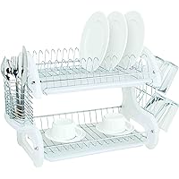 Home Basics Plastic 2-Tier Dish Drainer Rack, Air Drying and Organizing Dishes, Side Mounted Cutlery Holder, White