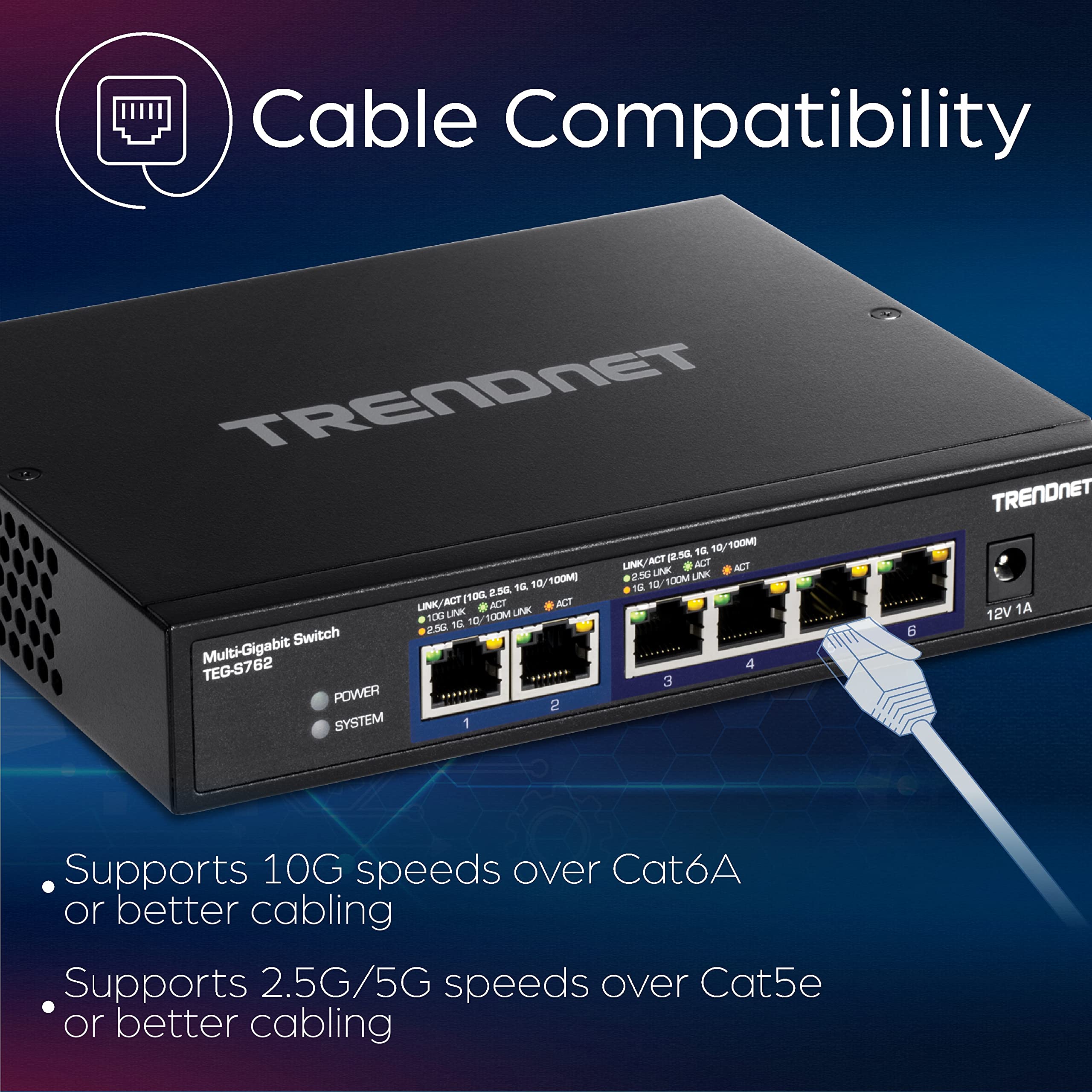 TRENDnet 6-Port 10G Switch, 4 x 2.5G RJ-45 BASE-T Ports, 2 x 10G RJ-45 Ports, 60Gbps Switching Capacity, Wall Mountable, 10 Gigabit Network Connections, Lifetime Protection, Black, TEG-S762