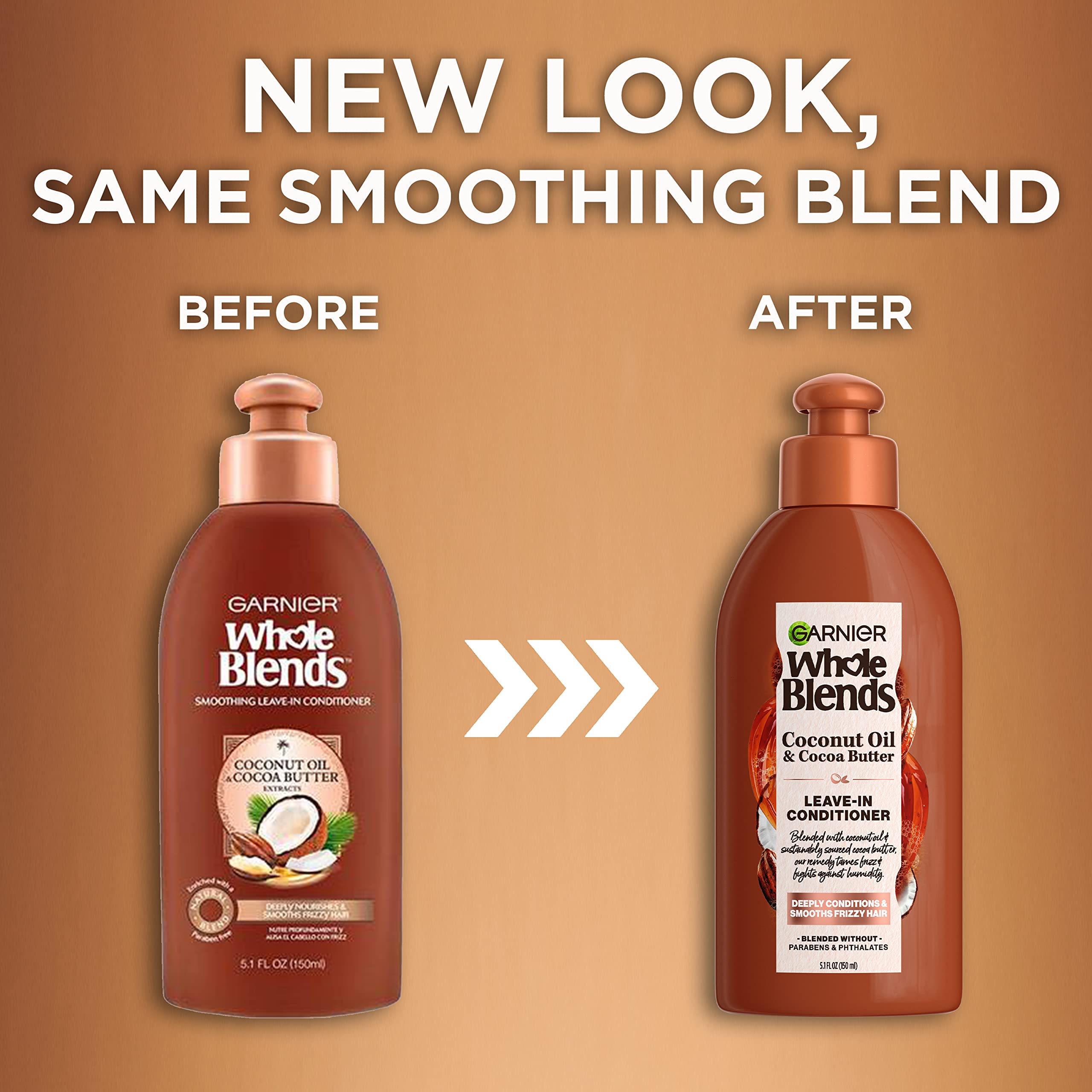 Garnier Whole Blends Coconut Oil & Cocoa Butter Smoothing Leave in Conditioner for Frizzy Hair, 5.1 Fl Oz, 1 Count (Packaging May Vary)