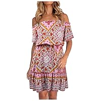 Women's Floral Print ed Short-Sleeved Off-The-Shoulder Bohemian Dress