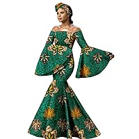 2022 African Dresses for Women, Slash-Neck, Petal Sleeve, Print Ruffles, Customizable Mermaid Dress with Turban Headwrap