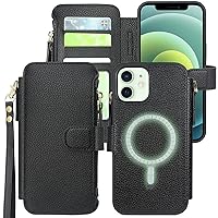 Harryshell Compatible with iPhone 12/12 Pro Case Wallet Support MagSafe Wireless Charging with 3 Card Slots Holder Cash Coin Zipper Pocket Pu Leather Flip Closure Wrist Strap (Black)