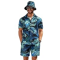 COOFANDY Men's Hawaiian Shirt and Short Set Flower 2-pieces Beach Outfit with Bucket Hats