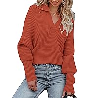 Women's Batwing Long Sleeve V Neck Pullover Sweaters Foldover Collared Casual Knit Jumper Tops