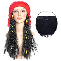 Halloween Pirate Costume Accessories Captain Dress Up Set Long Hair Wig Head Scarf Fake Beard Pirate Captain Accessories for Halloween Masquerade Carnival Theme Party